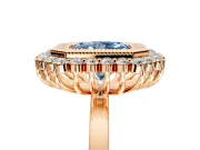 Halo Engagement Ring Setting for Fancy Blue Radiant Cut Center with Milgrain Bezel Rim, Plain Band and Prong Head in Rose Gold