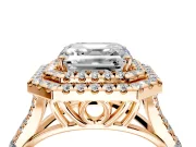 Double Halo Engagement Ring Setting for Asscher Cut Center with Narrow Pave Split Shank and Prong Head in Rose Gold