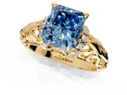 Solitaire Engagement Ring Setting for Fancy Blue Radiant Cut Center with Filigree Accent Basket and Prong Head in Yellow Gold