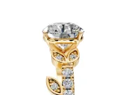 Leaf Motif Engagement Ring Setting for Round Cut Center with Pave Band and Prong Head in Yellow Gold