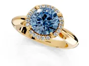 Halo Engagement Ring Setting for Fancy Blue Round Cut Center with Tapered Plain Band and Prong Head in Yellow Gold