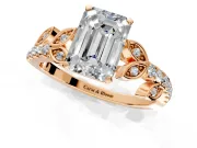 Leaf Motif Engagement Ring Setting for Emerald Cut Center with Pave Band and Prong Head in Rose Gold