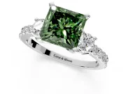 3 Stone Engagement Ring Setting for Fancy Green Princess Cut Center with Round Cut Side Accents and Prong Head in Sterling Silver