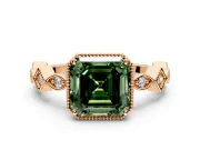 Milgrain Bezel Engagement Ring Setting for Fancy Green Asscher Cut Center with Marquise Stations and Bezel Head in Rose Gold