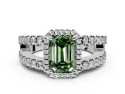 Halo Engagement Ring Setting for Fancy Green Emerald Cut Center with Wide-Open Pave Split Shank and Prong Head in Sterling Silver