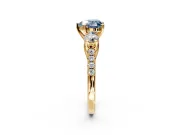 3 Stone Engagement Ring Setting for Fancy Blue Heart-Shaped Center with Crossover Basket, Pave Band and Prong Head in Yellow Gold