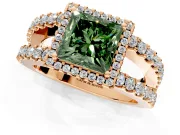 Halo Engagement Ring Setting for Fancy Green Princess Cut Center with Wide-Open Pave Split Shank and Prong Head in Rose Gold