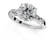 3 Stone Engagement Ring Setting for Round Cut Center with Tapered Baguettes, Plain Band and Prong Head in White Gold