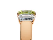 3 Stone Engagement Ring Setting for Fancy Yellow Emerald Cut Center with Raised Basket Heads and Prong Head in Rose Gold