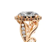 Halo Engagement Ring Setting for Oval Center with Leaf Motif Split Shank and Prong Head in Rose Gold