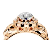 Halo Engagement Ring Setting for Pear-Shaped Center with Open Scroll Shoulders and Prong Head in Rose Gold