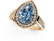 Halo Engagement Ring Setting for Fancy Blue Pear-Shaped Center with Outer Bezel Rim, Pave Band and Prong Head in Yellow Gold