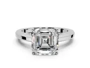 Solitaire Engagement Ring Setting for Asscher Cut Center with Flat-Sided Plain Band and Prong Head in White Gold