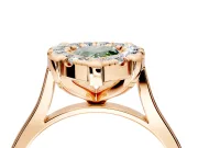Single Halo Engagement Ring Setting for Fancy Green Pear-Shaped Center with Corner Claws, Plain Band and Prong Head in Rose Gold