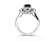 3 Stone Engagement Ring Setting for Fancy Black Cushion Cut Center with Crossover Basket, Pave Band and Prong Head in Platinum