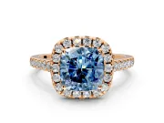 Halo Engagement Ring Setting for Fancy Blue Cushion Cut Center with Raised Halo, Pave Band and Prong Head in Rose Gold