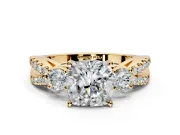 3 Stone Engagement Ring Setting for Cushion Cut Center with Pave Split Shank and Prong Head in Yellow Gold