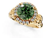 Halo Engagement Ring Setting for Fancy Green Round Cut Center with Open Scroll Shoulders and Prong Head in Yellow Gold