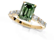 Baguette Engagement Ring Setting for Fancy Green Emerald Cut Center with Alternating Bar-Set Band and Prong Head in Yellow Gold