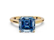 Solitaire Engagement Ring Setting for Fancy Blue Asscher Cut Center with Narrow Cathedral Band and Prong Head in Yellow Gold