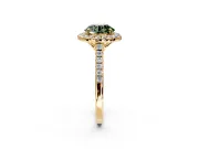 Halo Engagement Ring Setting for Fancy Green Round Cut Center with Raised Halo, Pave Band and Prong Head in Yellow Gold