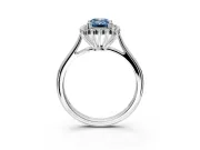 Starburst Halo Engagement Ring Setting for Fancy Blue Emerald Cut Center with Thin Round-Wire Band and Prong Head in Sterling Silver