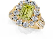 Large Accent Halo Engagement Ring Setting for Fancy Yellow Emerald Cut Center with Pave Split Shank and Prong Head in Yellow Gold
