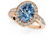 Bezel-Framed Halo Engagement Ring Setting for Fancy Blue Oval Center with Pave Band and Prong Head in Rose Gold