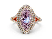 Double Halo Engagement Ring Setting for Fancy Pink Marquise Center with Narrow Pave Split Shank and Prong Head in Rose Gold