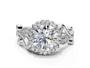 Halo Engagement Ring Setting for Round Cut Center with Leaf Motif Split Shank and Prong Head in Platinum