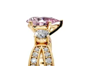 3 Stone Engagement Ring Setting for Fancy Pink Pear-Shaped Center with Pave Twist Band and Prong Head in Yellow Gold