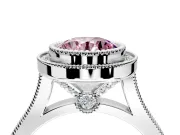 Halo Engagement Ring Setting for Fancy Pink Round Cut Center with Milgrain Frame, Pave Band and Prong Head in Sterling Silver