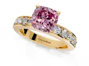 Solitaire Engagement Ring Setting for Fancy Pink Cushion Cut Center with Channel-Set Accents and Prong Head in Yellow Gold
