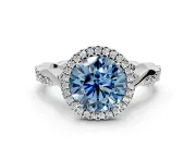 Halo Engagement Ring Setting for Fancy Blue Round Cut Center with Twist Band and Prong Head in Sterling Silver