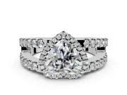 Halo Engagement Ring Setting for Heart-Shaped Center with Wide-Open Pave Split Shank and Prong Head in White Gold