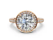 Halo Engagement Ring Setting for Round Cut Center with Metal-Rimmed Halo, Pave Band and Prong Head in Rose Gold