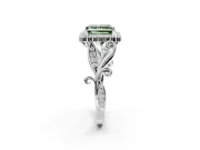 Halo Engagement Ring Setting for Fancy Green Princess Cut Center with Leaf Motif Split Shank and Prong Head in Sterling Silver
