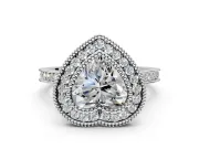 Halo Engagement Ring Setting for Heart-Shaped Center with Milgrain Frame, Pave Band and Prong Head in White Gold