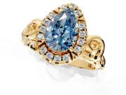 Halo Engagement Ring Setting for Fancy Blue Pear-Shaped Center with Open Scroll Shoulders and Prong Head in Yellow Gold