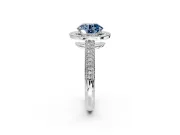 Milgrain Halo Engagement Ring Setting for Fancy Blue Round Cut Center with Three-Sided Pave Band and Prong Head in Sterling Silver
