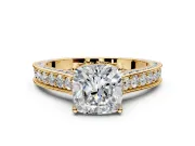 Solitaire Engagement Ring Setting for Cushion Cut Center with Milgrain-Framed Pave Band and Prong Head in Yellow Gold