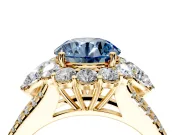 Halo Engagement Ring Setting for Fancy Blue Round Cut Center with Two-Strand Split Shank and Prong Head in Yellow Gold