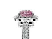 Milgrain Halo Engagement Ring Setting for Fancy Pink Cushion Cut Center with Three-Sided Pave Band and Prong Head in White Gold