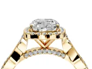 Halo Engagement Ring Setting for Cushion Cut Center with Twist Band and Prong Head in Yellow Gold