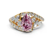Halo Engagement Ring Setting for Fancy Pink Pear-Shaped Center with Marquise and Pave Bypass Band and Prong Head in Yellow Gold