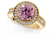 Milgrain Halo Engagement Ring Setting for Fancy Pink Round Cut Center with Pave Band and Prong Head in Yellow Gold