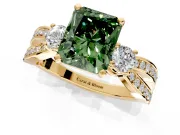 3 Stone Engagement Ring Setting for Fancy Green Radiant Cut Center with Pave Twist Band and Prong Head in Yellow Gold