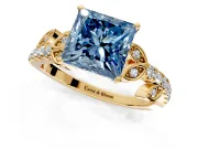 Leaf Motif Engagement Ring Setting for Fancy Blue Princess Cut Center with Pave Band and Prong Head in Yellow Gold