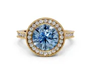 Halo Engagement Ring Setting for Fancy Blue Round Cut Center with Milgrain Pave Band and Bezel Head in Yellow Gold