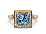 Milgrain Halo Engagement Ring Setting for Fancy Blue Princess Cut Center with Three-Sided Pave Band and Prong Head in Yellow Gold